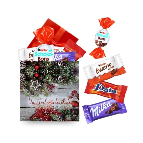 6 petites boites carrées au décor de Noël garnies de 8 chocolats Kinder, Daim, Milka