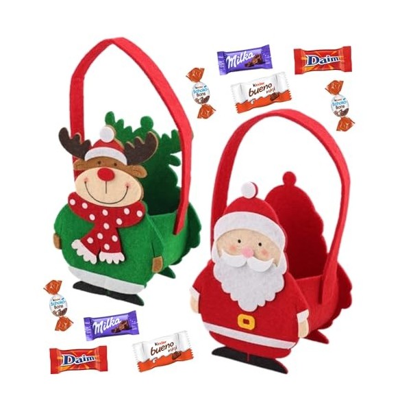 2 paniers feutrine Renne et Père Noël accompagnés dun assortiment de 2x20 chocolats KINDER Schokobons, Mini Bueno, Country e