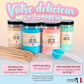 GREENDOSO® Sucre Barbe à Papa pour Machine 4x320 gr – Lot de 4 Goûts Fraise/Cola/Framboise/Pomme – 50 Bâtonnets + Cuillèr