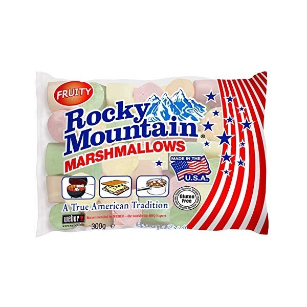 Rocky Mountain Marshmallows Fruity 4x300g, bonbons américains traditionnels à rôtir sur le feu de camp, à griller ou à cuire 