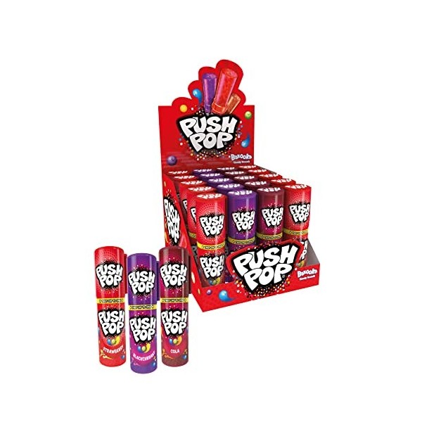 TOPPS – Sucettes Push Pop aux goûts Cassis, Fraise et Cola – Emballage refermable - 20 Unité Paquet de 1 