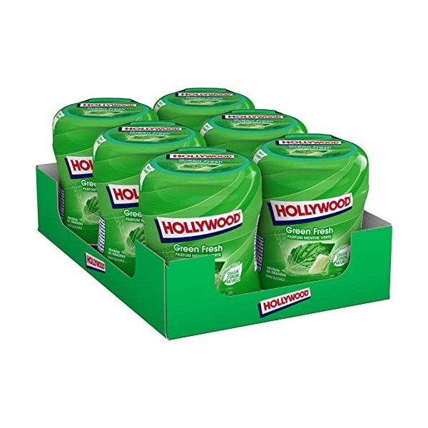Hollywood Chewing Gum Green Fresh - Parfum Menthe Verte - Sans Sucres avec Édulcorants - Lot de 6 boîtes de 60 dragées 87 g 