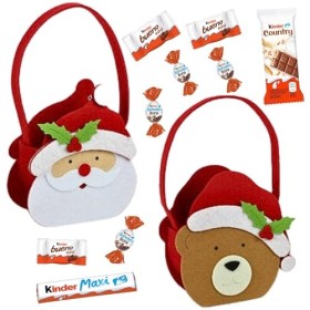 2 paniers Père Noël et Ours garnis de 2x40 chocolats Kinder Country, Maxi, Schokobons et Mini Bueno