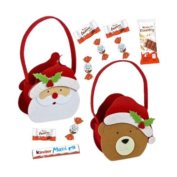 2 paniers Père Noël et Ours garnis de 2x40 chocolats Kinder Country, Maxi, Schokobons et Mini Bueno