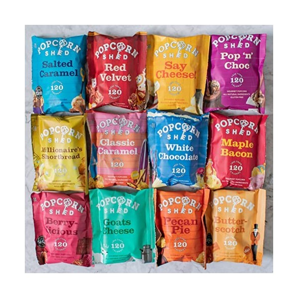 Boîte-Cadeau de Sélection de Snacks de Popcorn Gourmet Popcorn Shed, 12 Saveurs de Popcorn en Paquets Snack de Taille Portion