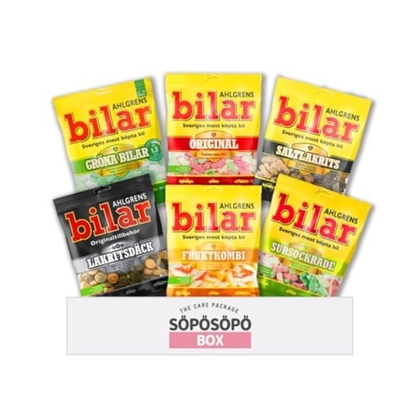 Ahlgrens Bilar Mix Set 6 Paquets de saveurs - Bonbons suédois Original - Vert - Réglisse salée - Sucre aigre - Fruits - Pneus