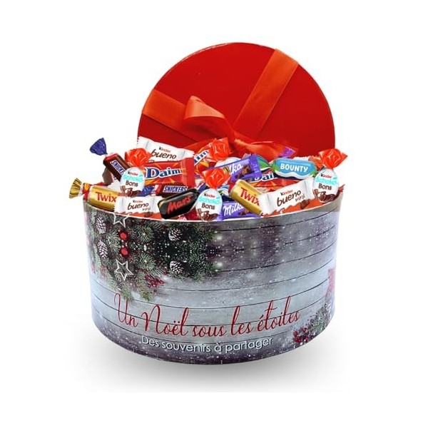 Boite à chapeau décor Noël garnie de 100 mini-chocolats Célébrations, Milka, Kinder, Daim