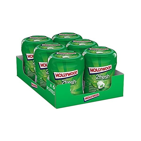 Hollywood Chewing Gum Bottle 2 Fresh - Parfum Menthe Verte Chlorophylle - Sans Sucres avec Édulcorants - Lot de 6 boîtes de 4