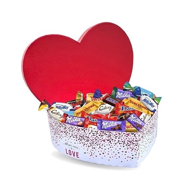 Boite gros coeur et son assortiment de 80 mini chocolats: Toblerone, Milka, Daim, Célébrations